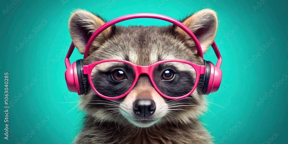 Fototapeta premium Playful Raccoon with Pink Glasses and Headphones on a Turquoise Background - Fun and Quirky Wildlife Photography