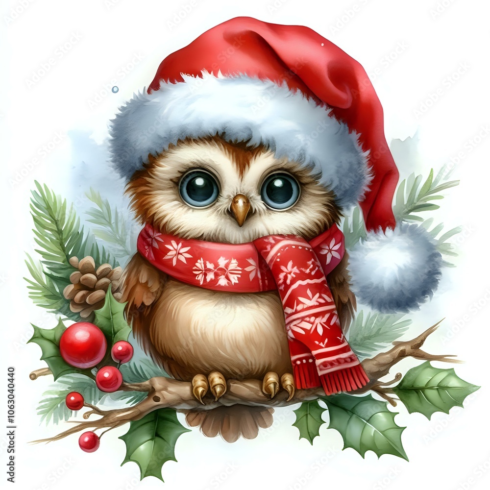 Festive Owl in Christmas Attire on a Branch Festive Owl in Christmas Attire on a Branch