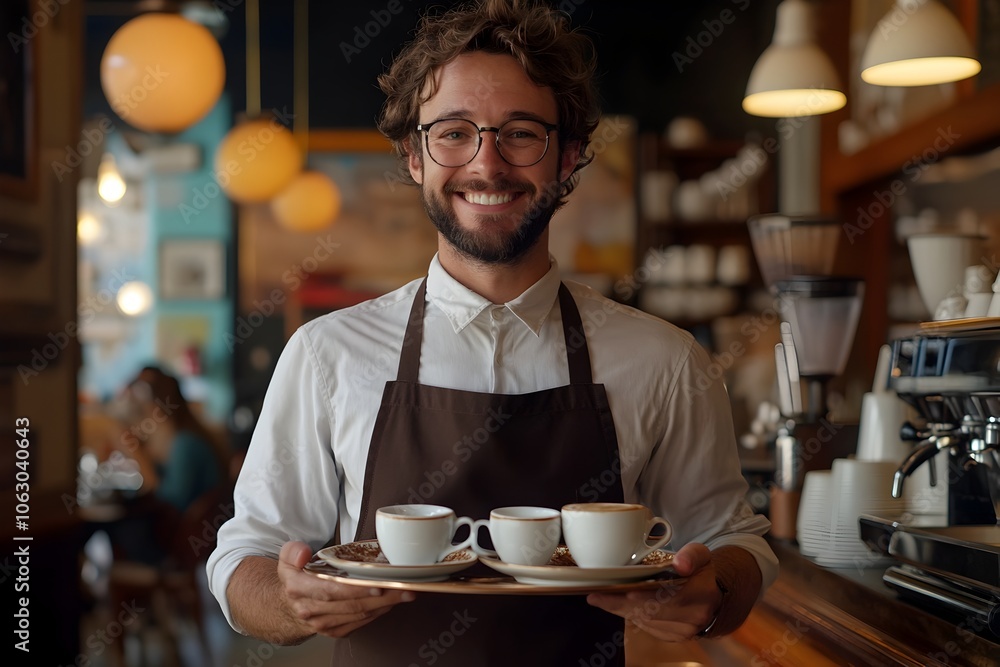 Cheerful Male Waiter Serving Coffee Cups with Smile in Small Business Cafe Restaurant Cheerful Male Waiter Serving Coffee Cups with Smile in Small Business Cafe Restaurant