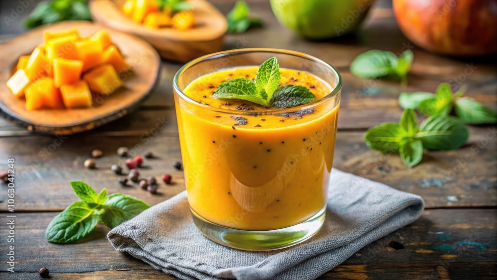 Refreshing Mango Smoothie with Mint and Poppy Seeds in a Glass - Tropical Drink Inspiration, Healthy Recipe, Summer Refreshment, Vibrant Colors, Delicious Beverage Refreshing Mango Smoothie with Mint and Poppy Seeds in a Glass - Tropical Drink Inspiration, Healthy Recipe, Summer Refreshment, Vibrant Colors, Delicious Beverage