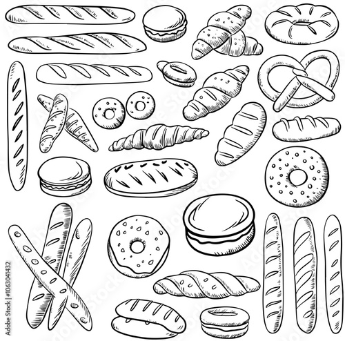 Bakery Hand drawn sketch with bread, pastry, sweet. Baking pencil ink sketch vector set Doodle bread sketch, Bakery set vector illustration white background with black illustration photo