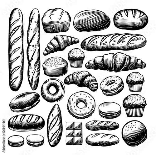 Bakery Hand drawn sketch with bread, pastry, sweet. Baking pencil ink sketch vector set Doodle bread sketch, Bakery set vector illustration white background with black illustration