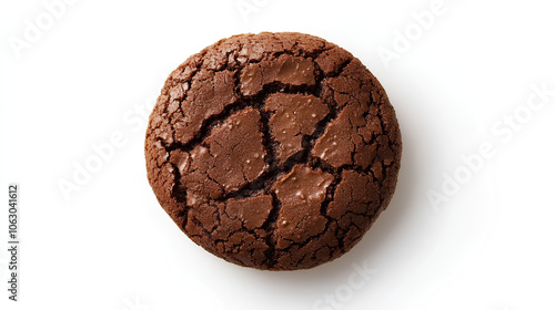 Top view of a single chocolate cookie with crisp texture, isolated on a clean white background.