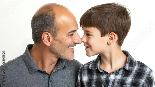 A father and son are looking at each other and smiling.