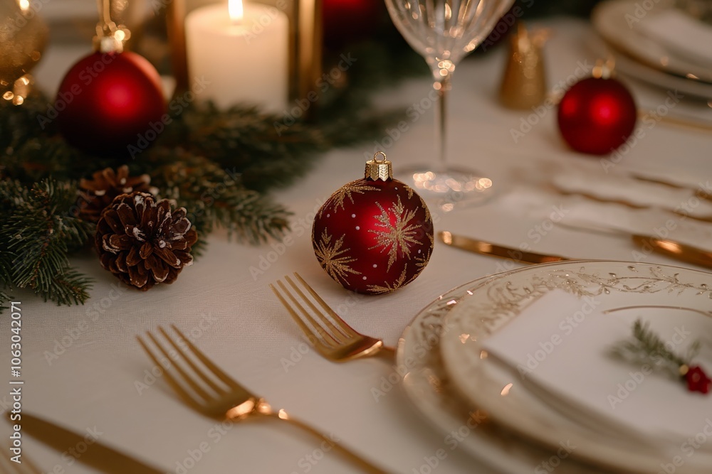 A beautifully arranged dining table features red ornaments, evergreens, and candles creating an inviting holiday ambiance, pairing elegance with a festive atmosphere. A beautifully arranged dining table features red ornaments, evergreens, and candles creating an inviting holiday ambiance, pairing elegance with a festive atmosphere.