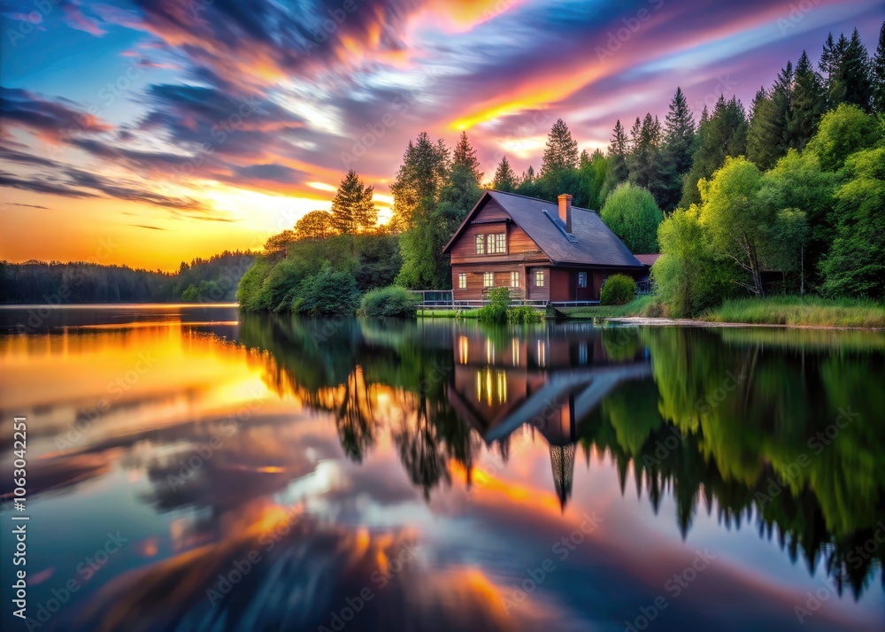 Serene Long Exposure of a House on the Lake at Sunset – Tranquil Waters, Idyllic Reflections, and Natural Beauty Captured in an Enchanting Atmosphere Serene Long Exposure of a House on the Lake at Sunset – Tranquil Waters, Idyllic Reflections, and Natural Beauty Captured in an Enchanting Atmosphere