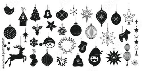 Set of silhouette Christmas element vector. Decorative elements of tree, bauble, santa, reindeer, house, holly, snowflake. Design for sticker, holidays, Happy New year, season's greetings card.
