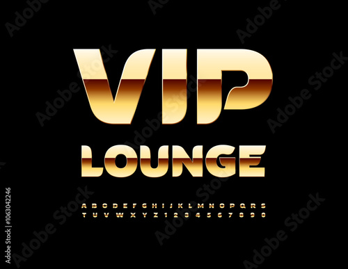 Vector trendy emblem VIP Lounge. Stylish Golden Font. Modern cool Alphabet Letters and Numbers set.