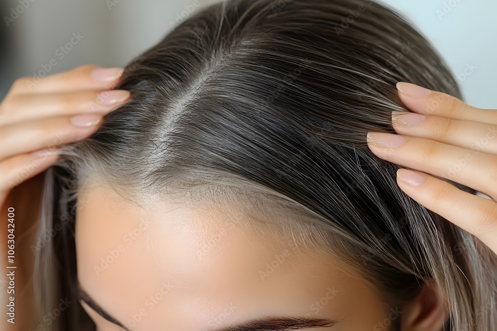 Naklejka premium Young Woman Examining Her Scalp and Hair in Front of Mirror