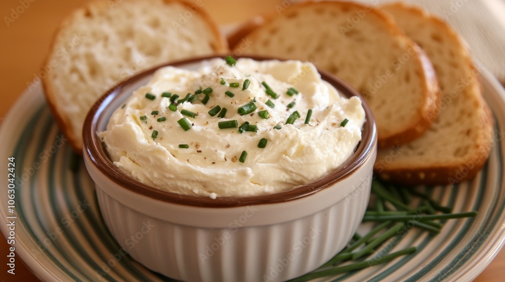 Savor a delectable homemade cream cheese spread on tender slices of toast. To add even more flavor, sprinkle it with fresh chives. Savor a delectable homemade cream cheese spread on tender slices of toast. To add even more flavor, sprinkle it with fresh chives.