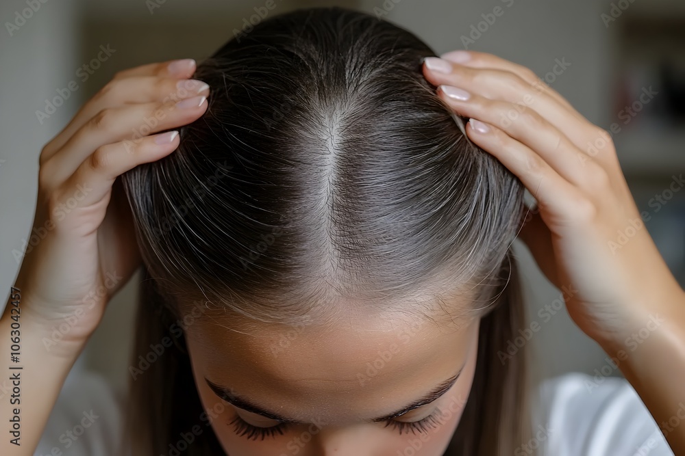 Naklejka premium Young Woman Examining Her Hair and Scalp in the Mirror for Problems or Issues