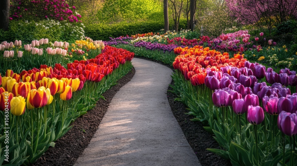 A charming pathway lined with blooming tulips in an array of colors