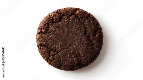 Top view of a single chocolate cookie with crisp texture, isolated on a clean white background.