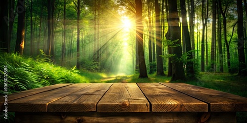 Serene Wooden Table Top in Lush Green Forest with Sun Rays - Perfect for Product Display, Nature Photography, and Environmental Themes