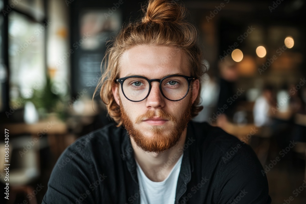 Portrait of a man with black glasses, ginger hair in a bun and beard, wearing a black shirt Portrait of a man with black glasses, ginger hair in a bun and beard, wearing a black shirt