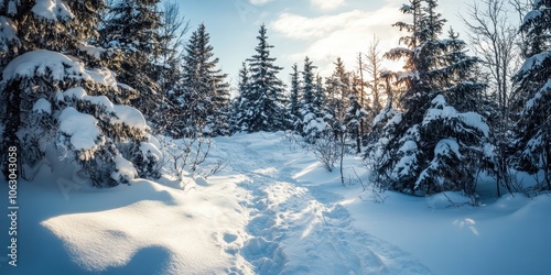 Snowy forest path with trees, sunlight peeking through, winter serenity.