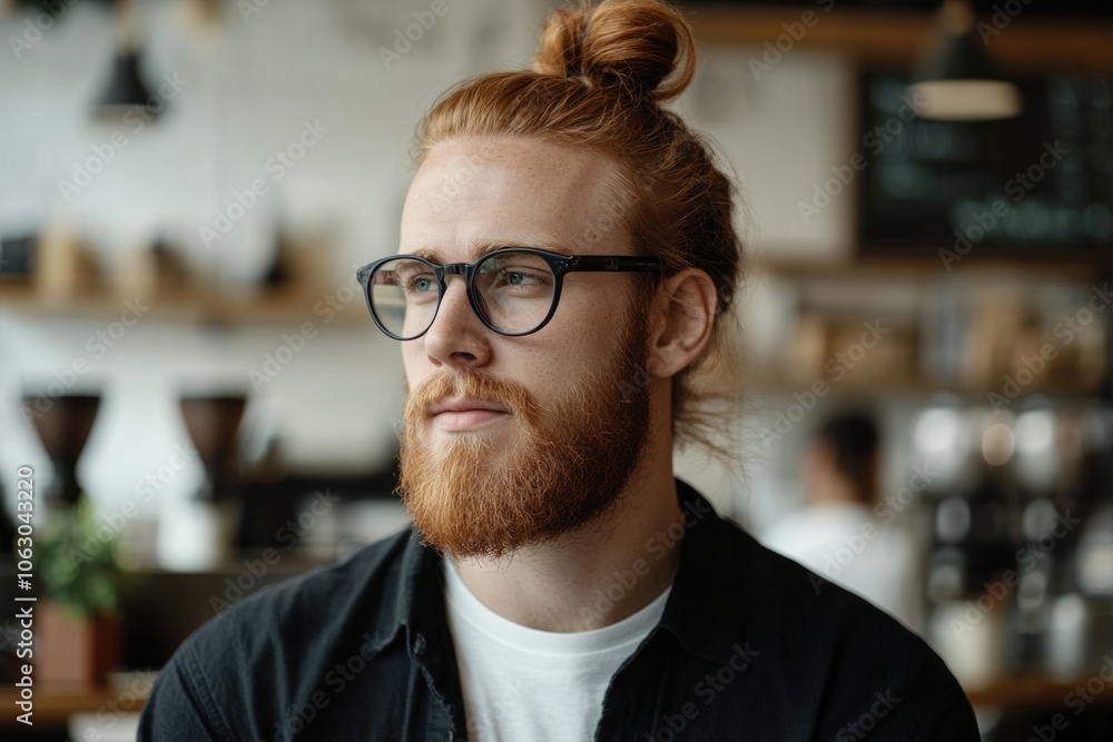 Portrait of a man with black glasses, ginger hair in a bun and beard, wearing a black shirt Portrait of a man with black glasses, ginger hair in a bun and beard, wearing a black shirt