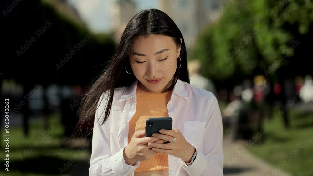 Young asian woman walks down to the street uses smartphone texts scrolls surfs the internet. Casually dressed young attractive woman.