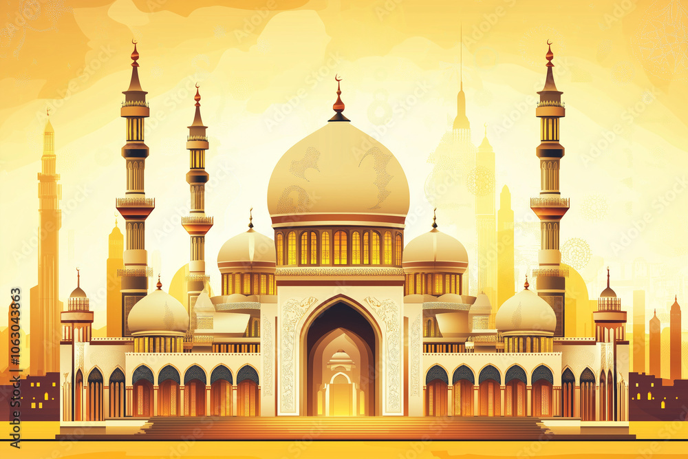 Obraz premium Islamic traditional ornament masjid illustrations with intricate geometric patterns and calligraphy. Soft, warm lighting. Abstract, elegant background.