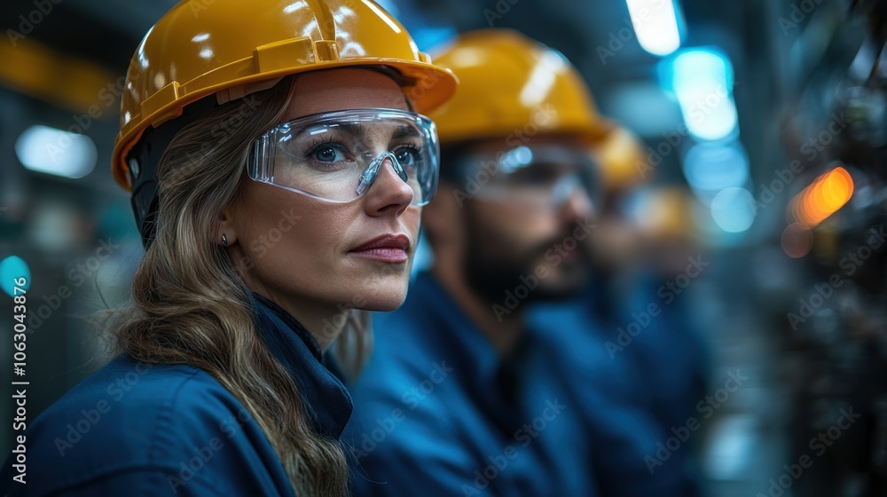 A woman in a hard hat and safety glasses looks intently at something out of frame while standing next to a coworker. The two are wearing blue work uniforms and are standing in a industrial setting. A woman in a hard hat and safety glasses looks intently at something out of frame while standing next to a coworker. The two are wearing blue work uniforms and are standing in a industrial setting.