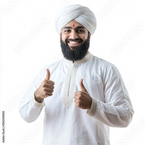 Happy Indian Man in Traditional Turban Giving Thumbs Up photo