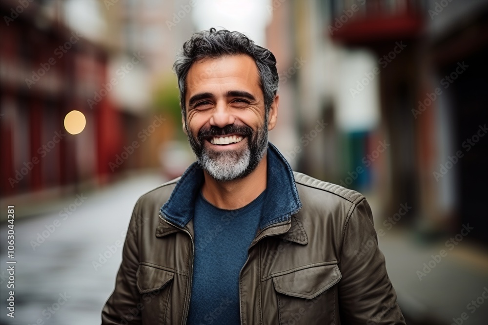 Portrait of a handsome middle-aged man smiling in the city Portrait of a handsome middle-aged man smiling in the city