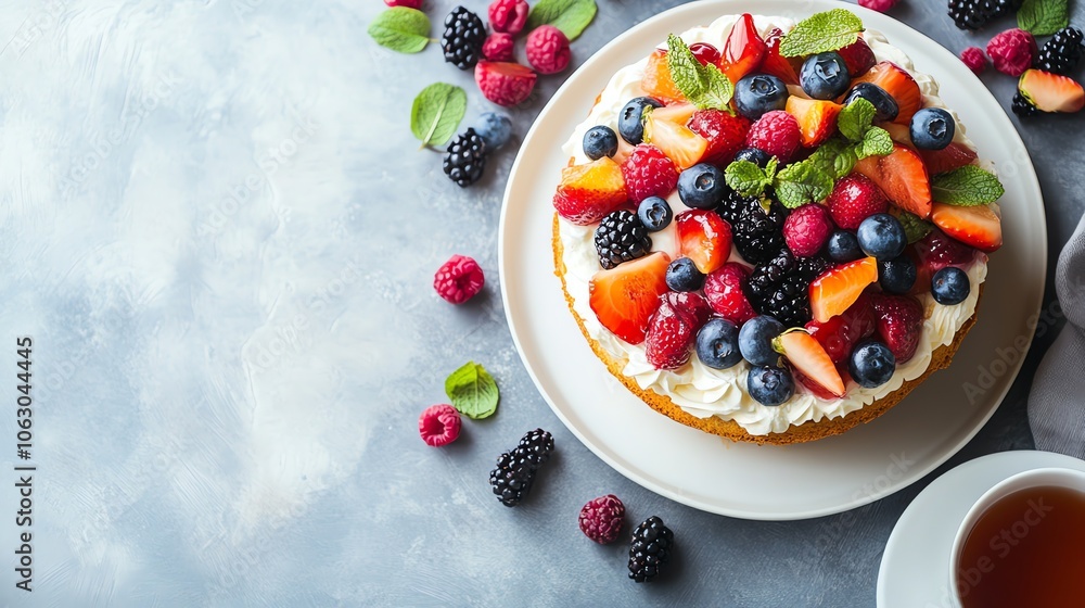 A cake topped with fresh fruit and a cup of tea. A cake topped with fresh fruit and a cup of tea.