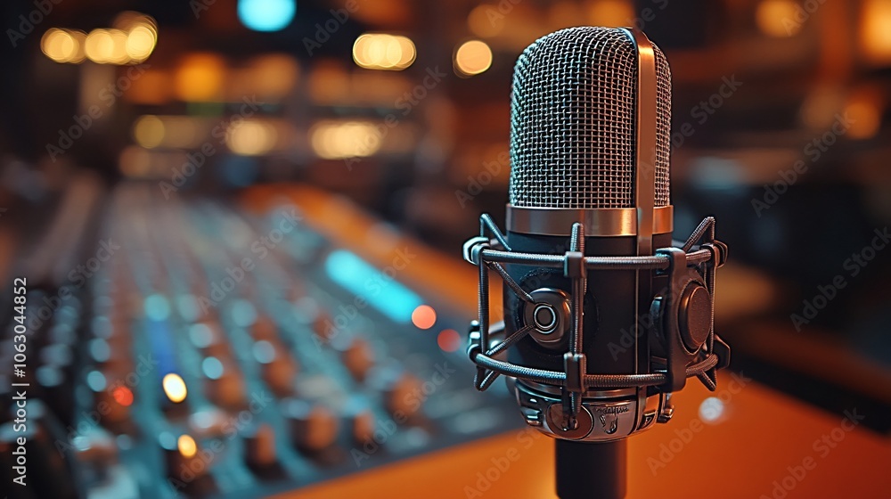 Professional Microphone in Recording Studio with Soundboard Professional Microphone in Recording Studio with Soundboard