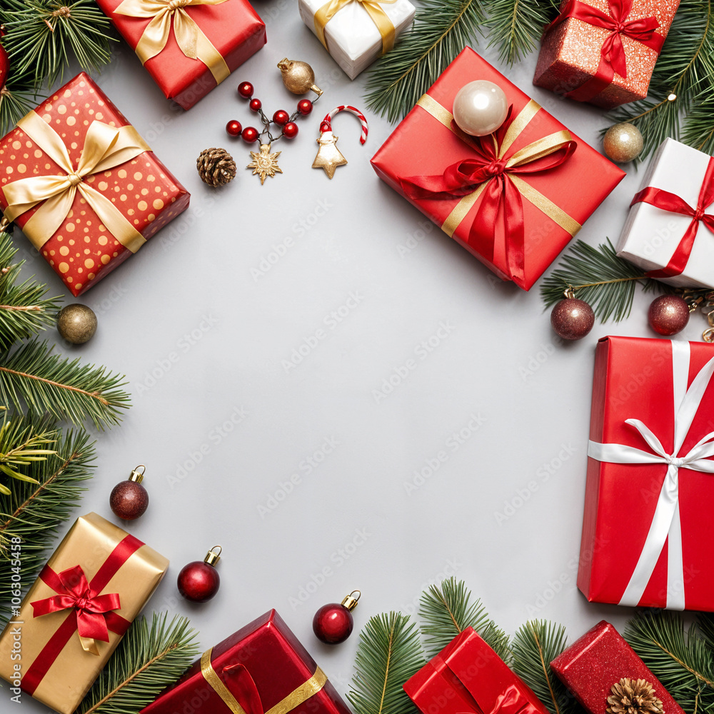 This beautiful flat lay showcases an assortment of Christmas gifts wrapped in vibrant red and gold, enhanced by decorative elements like ornaments and pine branches. This beautiful flat lay showcases an assortment of Christmas gifts wrapped in vibrant red and gold, enhanced by decorative elements like ornaments and pine branches.
