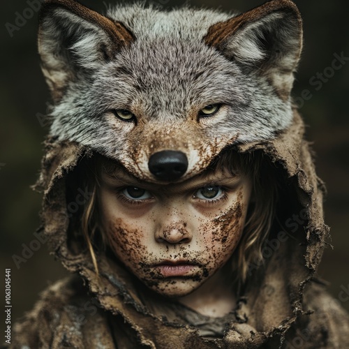 A young child with dirt on their face and a wolf mask on their head stares intensely at the camera. photo