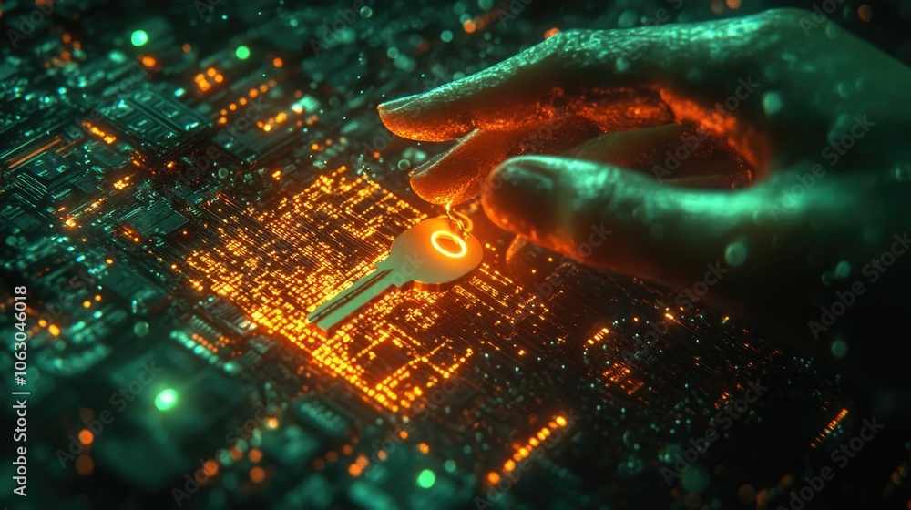 Fototapeta premium Abstract representation of data ownership and digital security A glowing hand holding a digital key unlocks a matrix of encrypted personal information