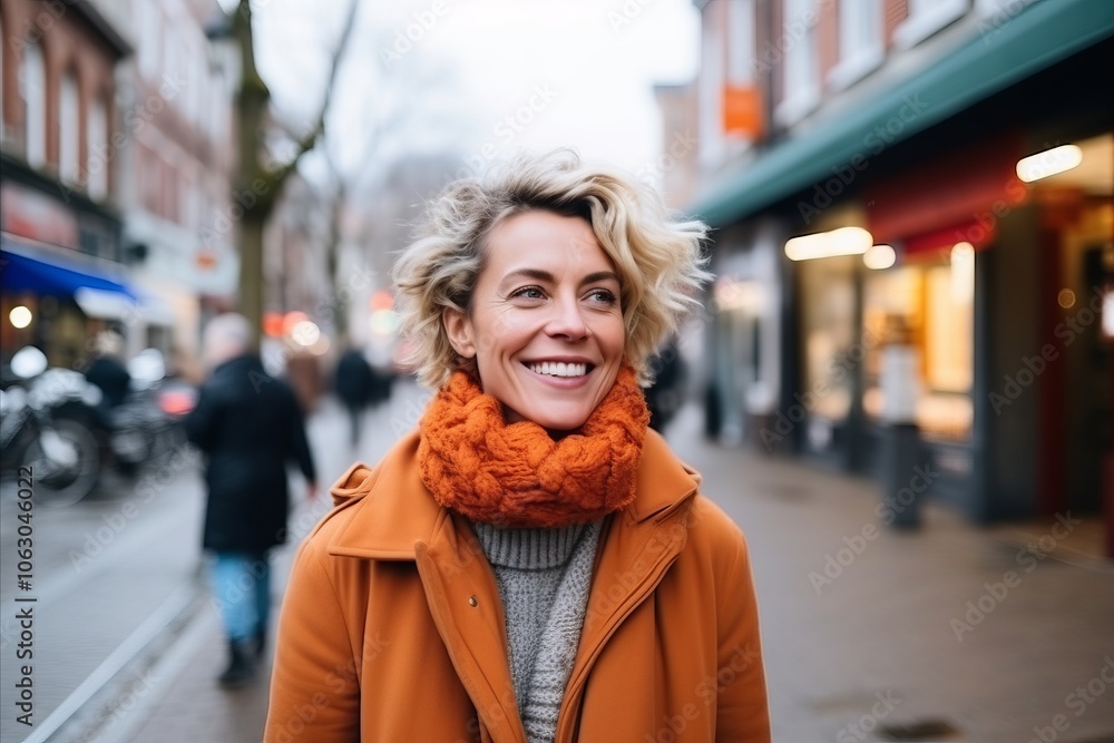 Portrait of a happy woman walking in the street in winter. Portrait of a happy woman walking in the street in winter.