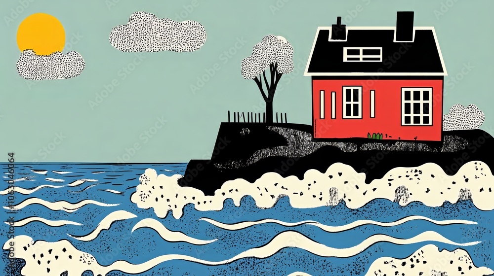 Naklejka premium Coastal cottage illustration with waves and sun under cloudy sky