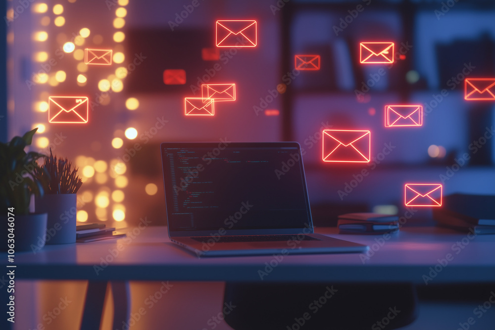 Fototapeta premium Laptop on a desk with floating red email icons around it, representing communication and connectivity, with copy space. Soft ambient lighting.