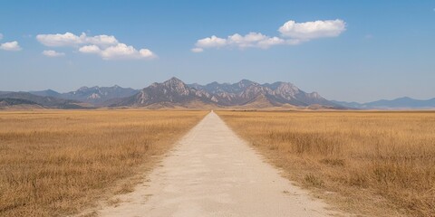 Papier peint photo Le salon Wide dirt road leading through golden fields towards distant mountains.  © Kamonwan