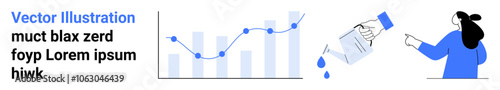 Businesswoman indicating growing data on a line chart. Watering can pouring liquid, representing growth and nurturing. Ideal for business reports, data analysis, presentations, startups, financial