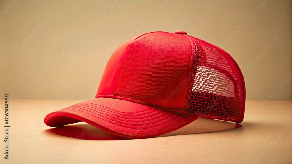 Vibrant Red Trucker Hat on Neutral Background for Custom Designs and Print Advertisements Vibrant Red Trucker Hat on Neutral Background for Custom Designs and Print Advertisements