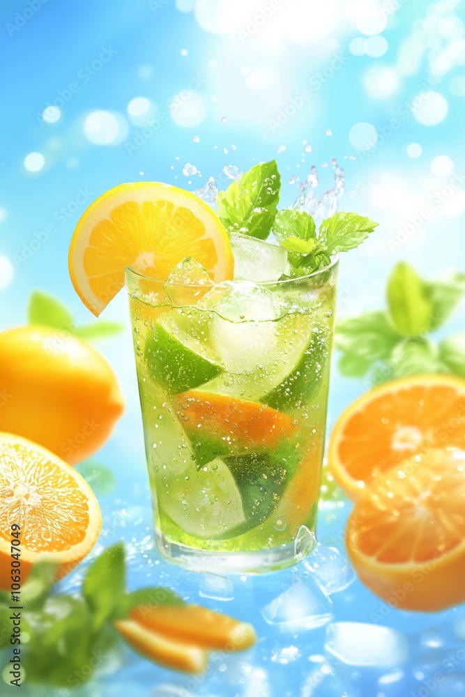 Refreshing citrus drink with mint garnishing surrounded by vibrant oranges and lemons Refreshing citrus drink with mint garnishing surrounded by vibrant oranges and lemons