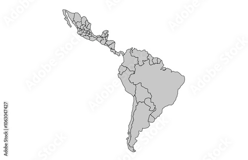 Latin America map isolated on white background for website layouts,background,education, precise,customizable,Travel worldwide,map silhouette backdrop,earth geography, political,reports.Map Outline.