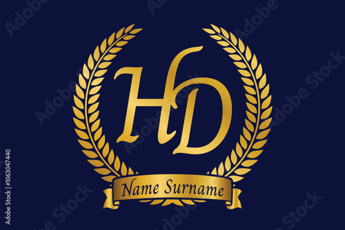 Initial letter H and D, HD monogram logo design with laurel wreath. Luxury golden calligraphy font.