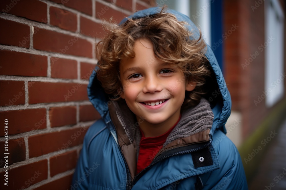 Portrait of a smiling little boy in a blue jacket against a brick wall Portrait of a smiling little boy in a blue jacket against a brick wall