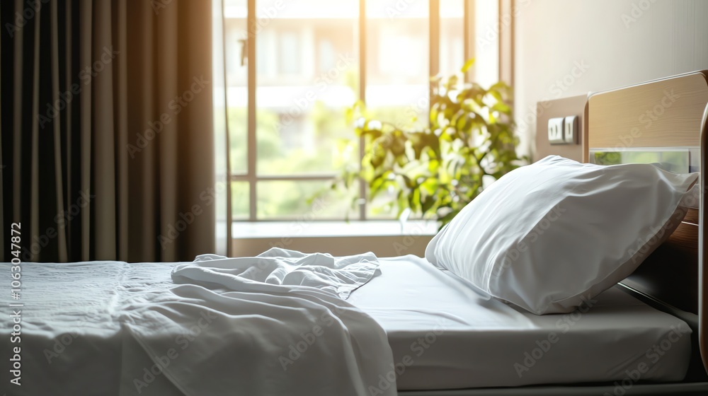 An empty hospital bed in a room with a window and curtains. An empty hospital bed in a room with a window and curtains.