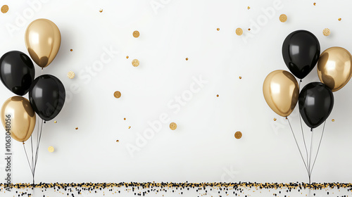 Minimalistic Black and Gold Party Setup with Balloons and Confetti