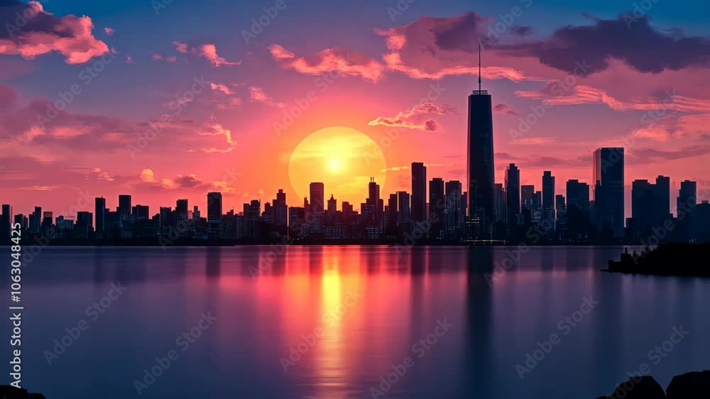 A city skyline is silhouetted against a vibrant sunset over a body of water