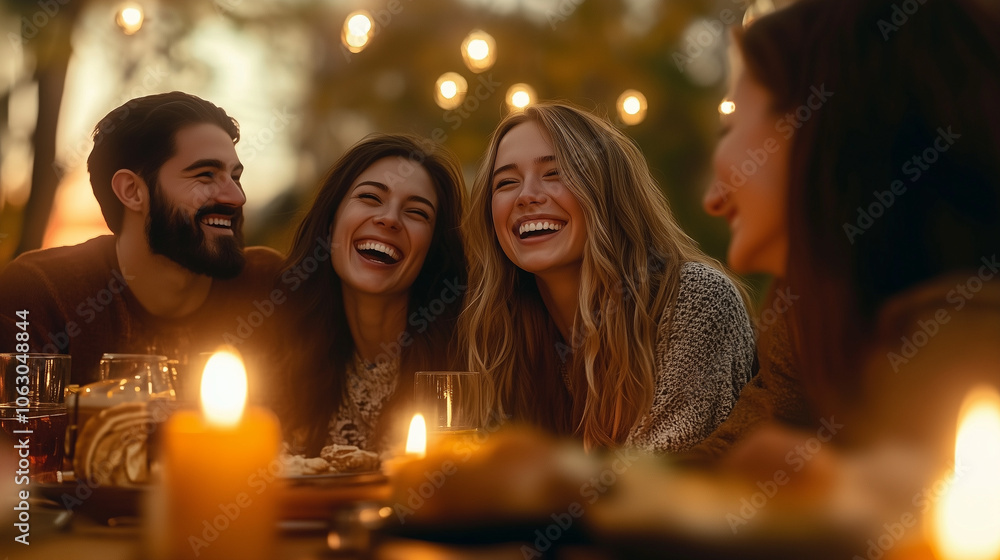 A joyful gathering of friends under soft string lights, sharing laughter and warmth around a candle-lit table, set against an autumn evening with cozy, rustic charm. A joyful gathering of friends under soft string lights, sharing laughter and warmth around a candle-lit table, set against an autumn evening with cozy, rustic charm.