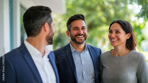 Three professionals engage in a friendly conversation in a bright outdoor setting