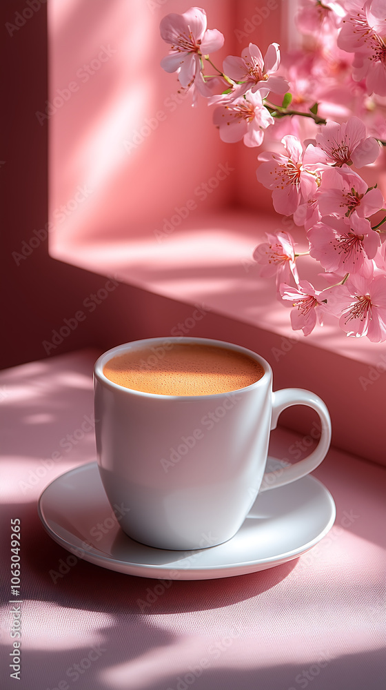 Coffee cup with pink blossoms and soft sunlight in a serene morning setting Coffee cup with pink blossoms and soft sunlight in a serene morning setting