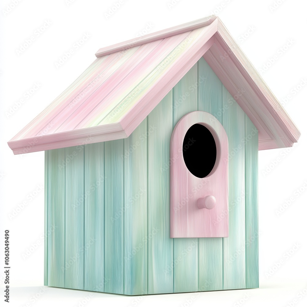 A small pink and blue birdhouse with a pink roof A small pink and blue birdhouse with a pink roof