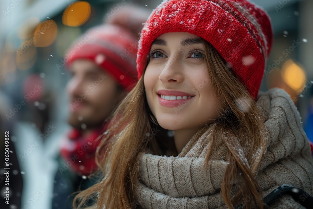 Smiling woman in red beanie and scarf enjoying a snowy day in the city with blurred background. Smiling woman in red beanie and scarf enjoying a snowy day in the city with blurred background.