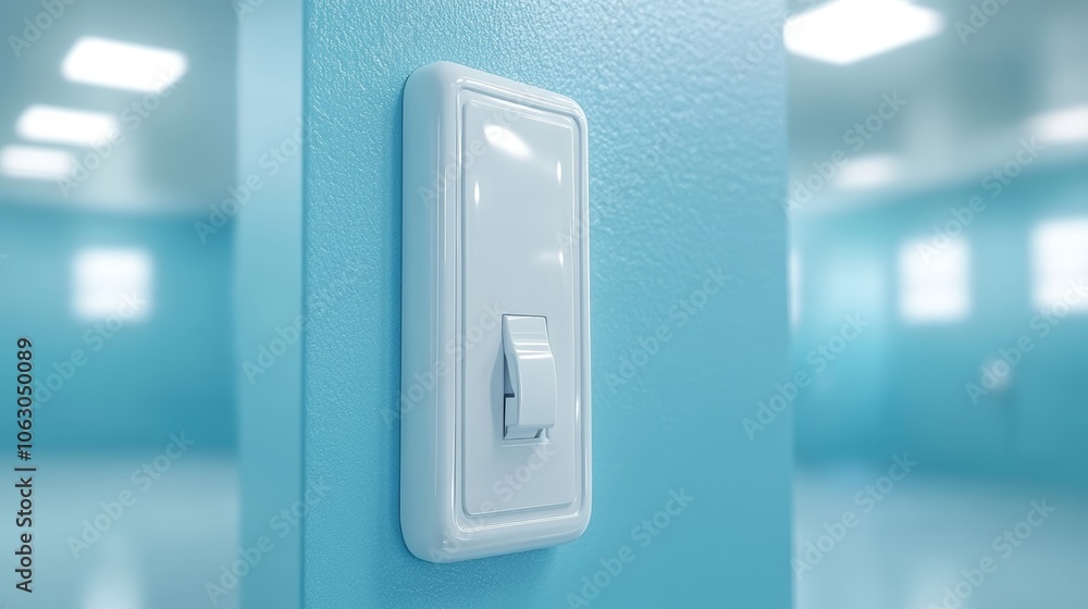 Illuminated light switch in a serene blue room, simple on/off wall control for modern interior design Illuminated light switch in a serene blue room, simple on/off wall control for modern interior design